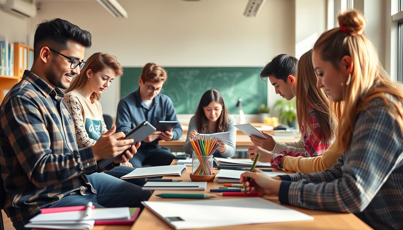 Students studying together in modern classroom